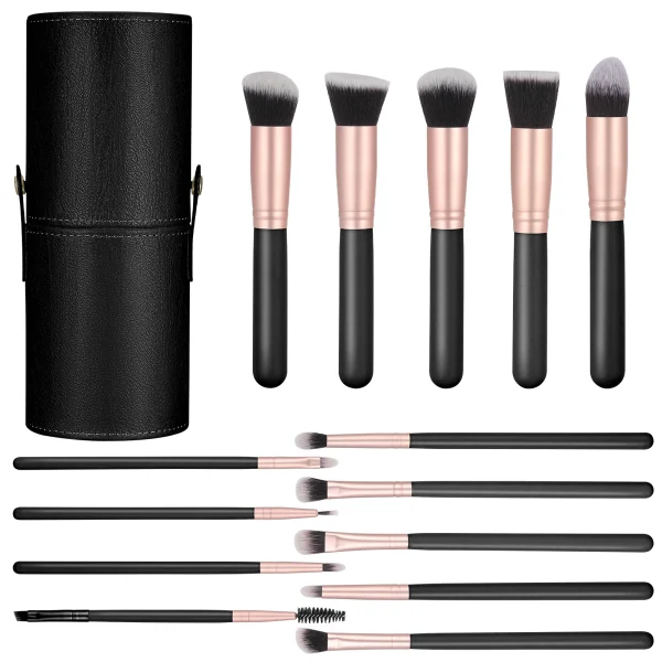 14-Pc. Makeup Brushes With PU Leather Holder Wooden Handles