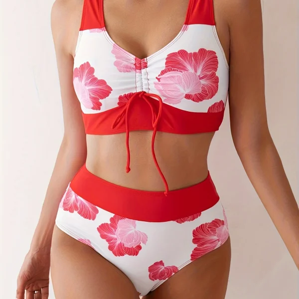 Floral, Flirty - High-Waisted Bikini with Drawstring on Top