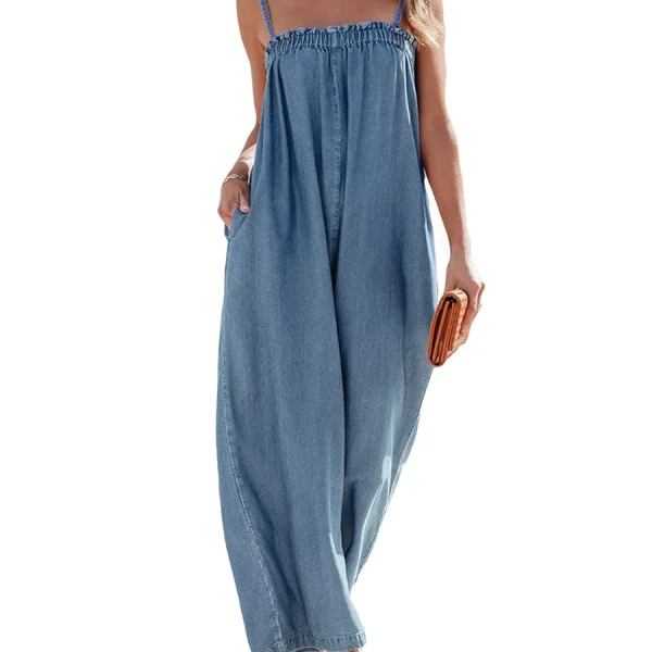 Long and Flowy, Denim Jumpsuit, Casual Wide Leg-Romper Pants