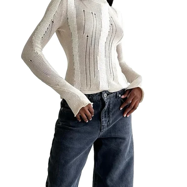 Ripped Patchwork Knitted Long Sleeved Women's Sweater