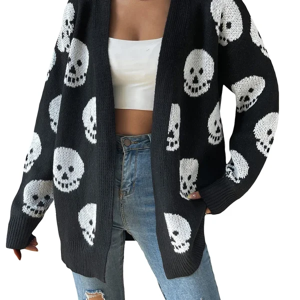 Trendy Halloween Casual Knit Open Cardigan with Skull Print