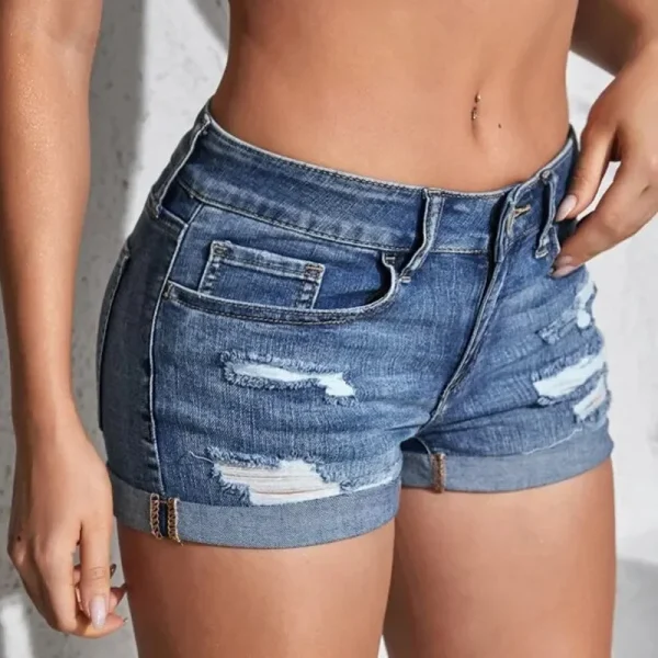 Young Women's, Sexy Split Denim, Cuffed Shorts, Mid Waisted